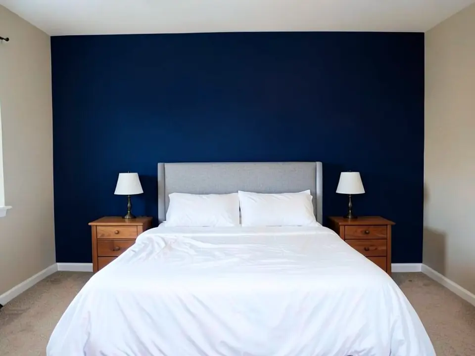 AI-generated edit of the same bedroom: only the wall behind the headboard is now deep navy blue; the side walls are still beige and the baseboards, bed and carpet are unchanged and the lamps are slightly redrawn