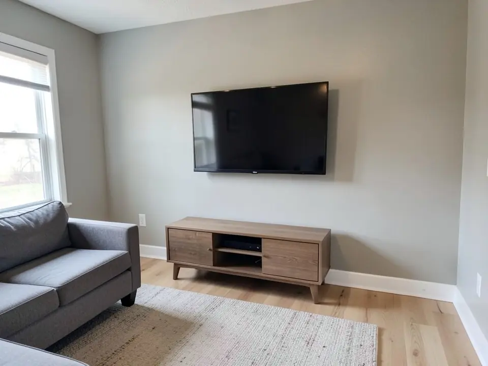 AI-generated example: living room with a black TV mounted on a plain light greige wall above a wooden media console, a gray sofa on the left, a light rug and a light wood floor