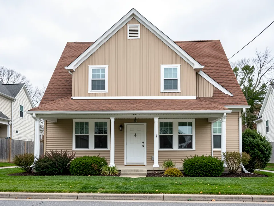 AI-generated stand-in: two-story house with beige vertical board and batten siding on the upper front gable, beige horizontal lap siding on the lower walls, white window trim, a white gable vent, a brown shingle roof, a covered front porch with white columns, a white front door, shrubs and a lawn, with neighboring houses at both sides