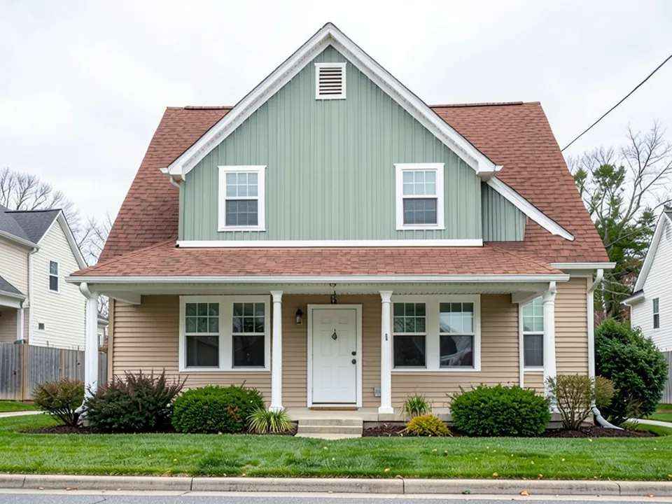 AI-generated edit of the same house: the board and batten on the upper gable, and the small set-back strip of the same siding to its right, are now a muted gray-green sage; the beige lap siding below, the white trim and windows, the gable vent, the brown roof, the porch, the white door, the shrubs and the lawn are kept