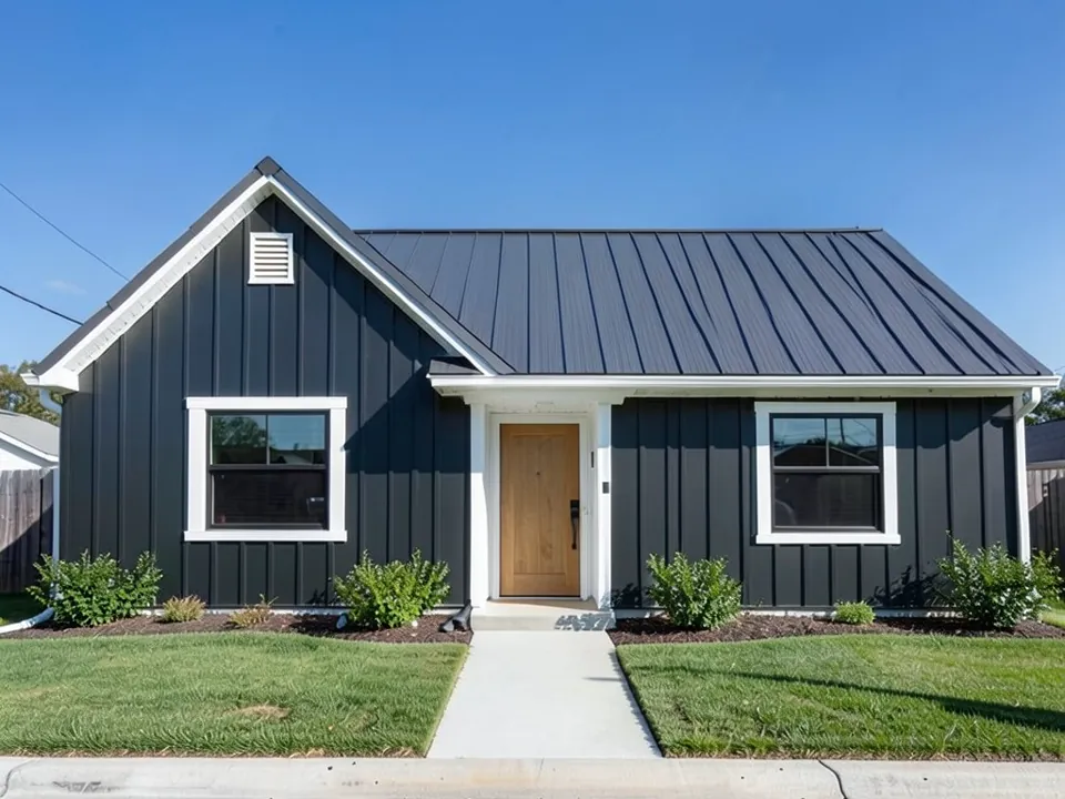 AI-generated edit of the same house: the board and batten walls are now dark charcoal gray with the battens still visible, while the window casings, door surround, fascia, gable trim, gable vent and gutters stay white; the black windows, wood door, metal roof, walkway, shrubs, lawn and fence are kept