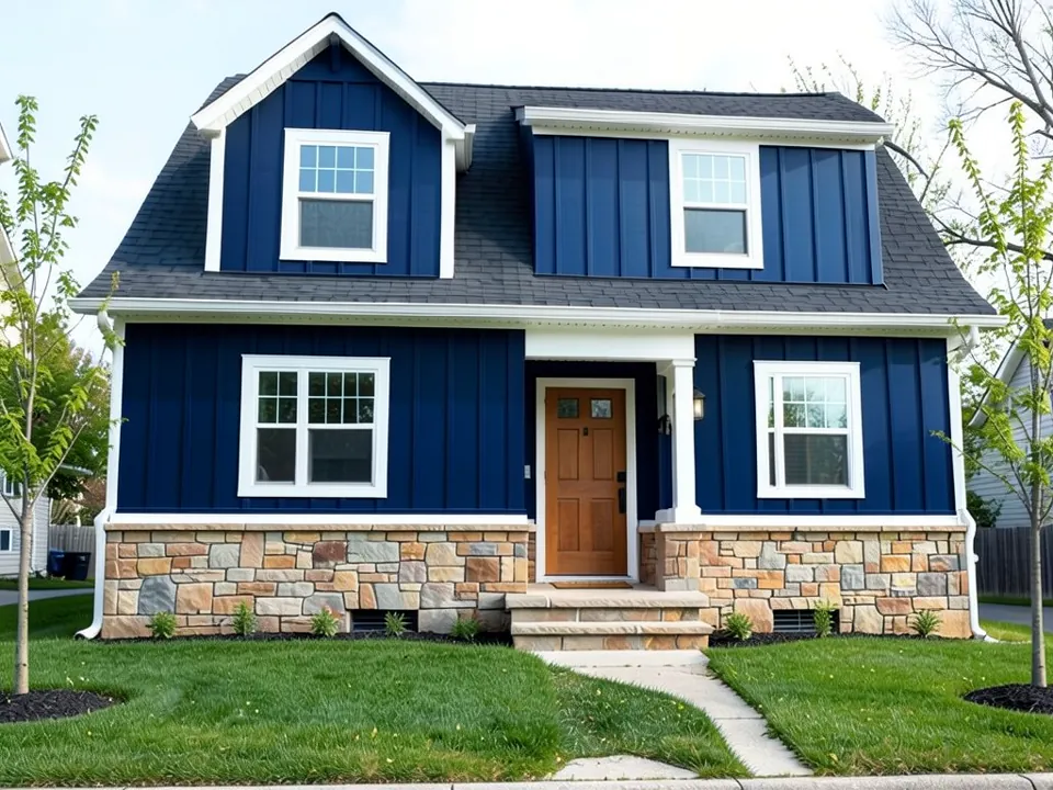 AI-generated edit of the same house: all of the board and batten, including both dormers and the wall beside the door, is now deep navy blue with the battens still visible; the fieldstone base, the white trim, windows, fascia and corner boards, the wood door, the porch post and light, the roof, the step, the walkway, the lawn and the trees are kept