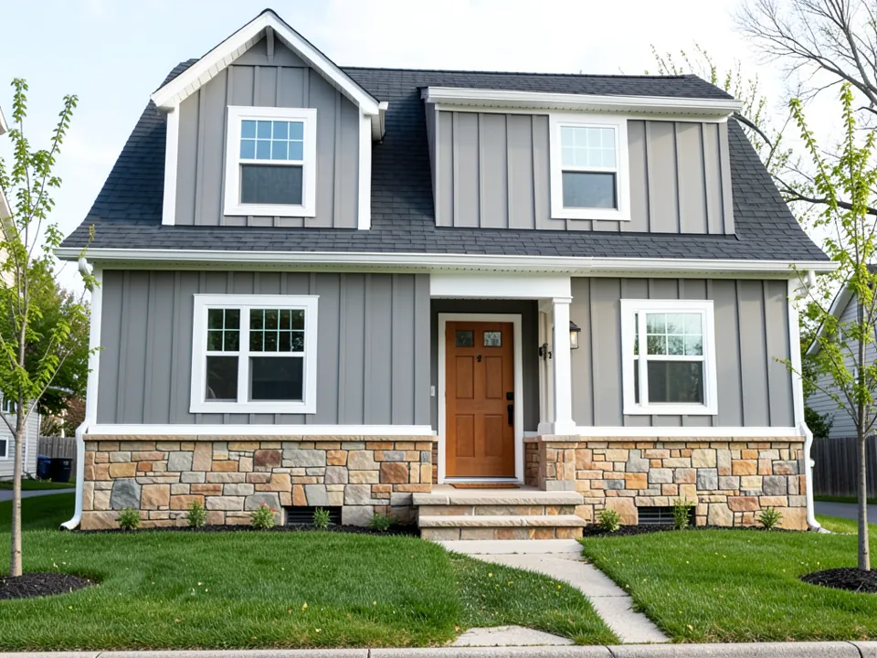 AI-generated stand-in: two-story house with medium gray board and batten siding on the walls and two dormers, a waist-high fieldstone base across the front, white window trim, white fascia and corner boards, a wood front door, a white porch post, a charcoal shingle roof, a stone step, a walkway, a lawn and young trees