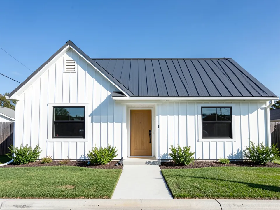AI-generated stand-in: single-story house with bright white vertical board and batten siding, white window and door trim, black-framed windows, a natural wood front door, a white gable vent, a dark gray standing seam metal roof, a concrete walkway, shrubs in mulch beds, a lawn and a wooden fence