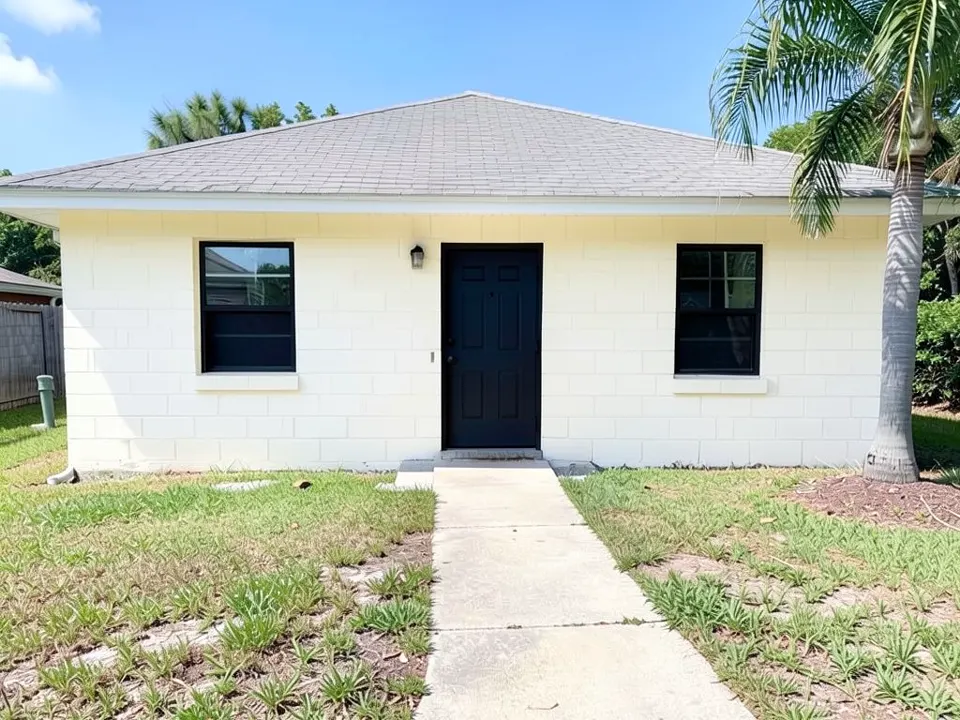AI-generated edit of the same house: the block walls are now a warm creamy white with faint mortar lines, the window frames, the front door and the door frame are black, the doorknob and deadbolt are dark, and the window sills are smooth white; the roof, wall light, walkway, lawn, palm tree and fence are kept
