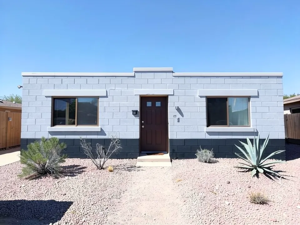 AI-generated edit of the same house: the walls are now a cool light gray above a dark charcoal band about three blocks high at the base, and the window headers, sills and roof edge are nearly white; the bronze windows, brown door, step, gravel, agave, shrubs and fences are kept