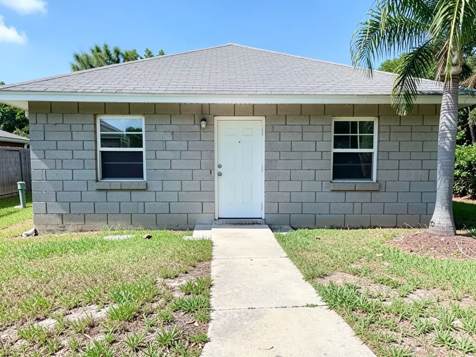 AI-generated stand-in: single-story ranch house with bare gray concrete block walls and visible mortar joints, a gray shingle hip roof, white-framed windows, a white front door, a concrete walkway, a patchy lawn, a palm tree and a wooden fence