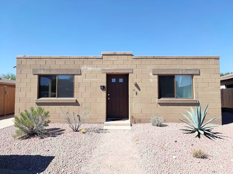 AI-generated stand-in: single-story flat-roofed concrete block house with faded tan block walls, concrete window headers and sills, bronze-framed windows, a dark brown front door, a gravel yard with shrubs and an agave, and wooden fences