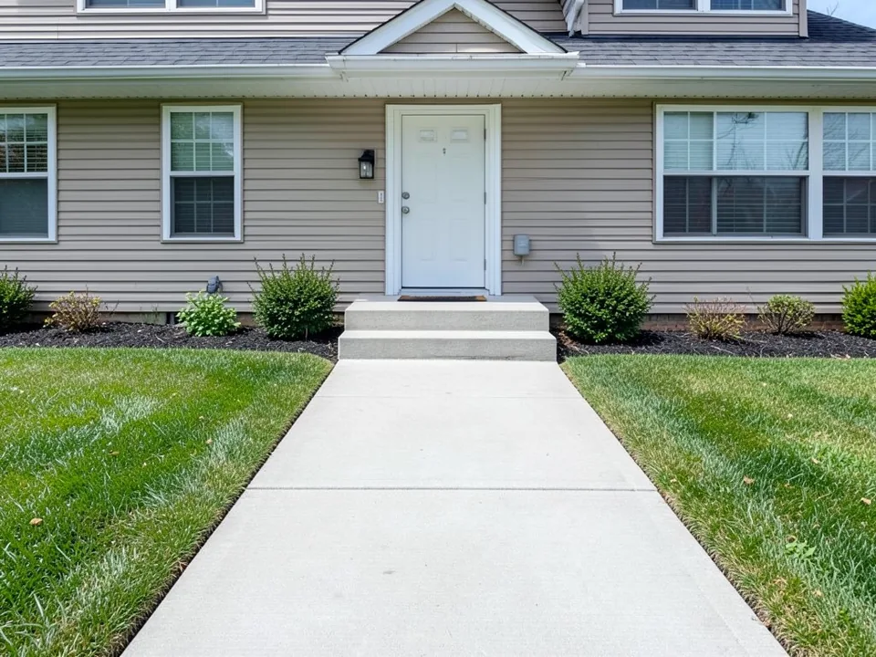 AI-generated example: light gray concrete walkway leading to two concrete front steps of a house with beige vinyl siding, a white front door, a black wall lantern, shrubs, dark mulch and a lawn