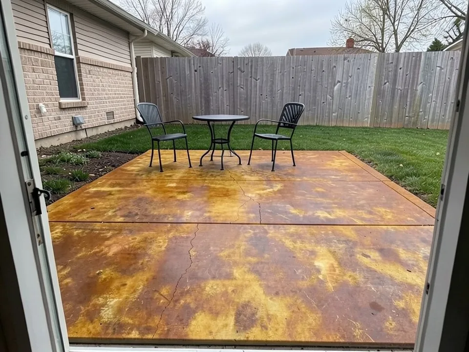 AI-generated edit of the same patio: the slab is now a mottled amber, gold, rust and brown stain with a glossy, wet-looking shine, the broom texture smoothed away and thin pale scratch-like streaks added, the joints and hairline cracks still show; the chairs, table, lawn, fence and house are kept but the whole view shifted slightly, the colors are a little stronger, the table base is slightly redrawn and a small cable now hangs below an outlet box on the house wall