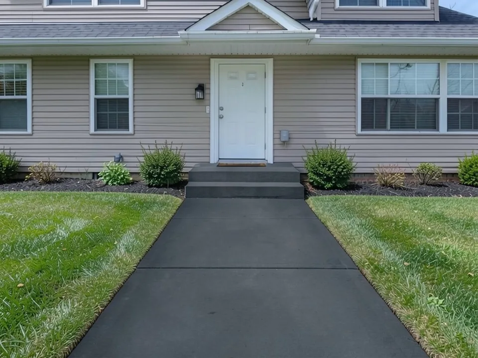 AI-generated edit of the same front yard: the walkway and both steps are now an even, matte charcoal gray with the control joints still visible but most of the broom texture gone; the house, door, shrubs and lawn are kept but slightly redrawn, the view shifted slightly, the whole picture is a little darker and cooler, and the dark doormat is now tan