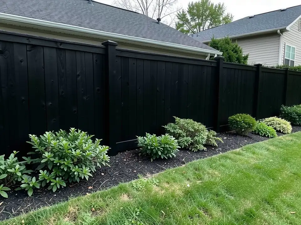 The same privacy fence stained solid black, shrubs, mulch, lawn and house roof unchanged