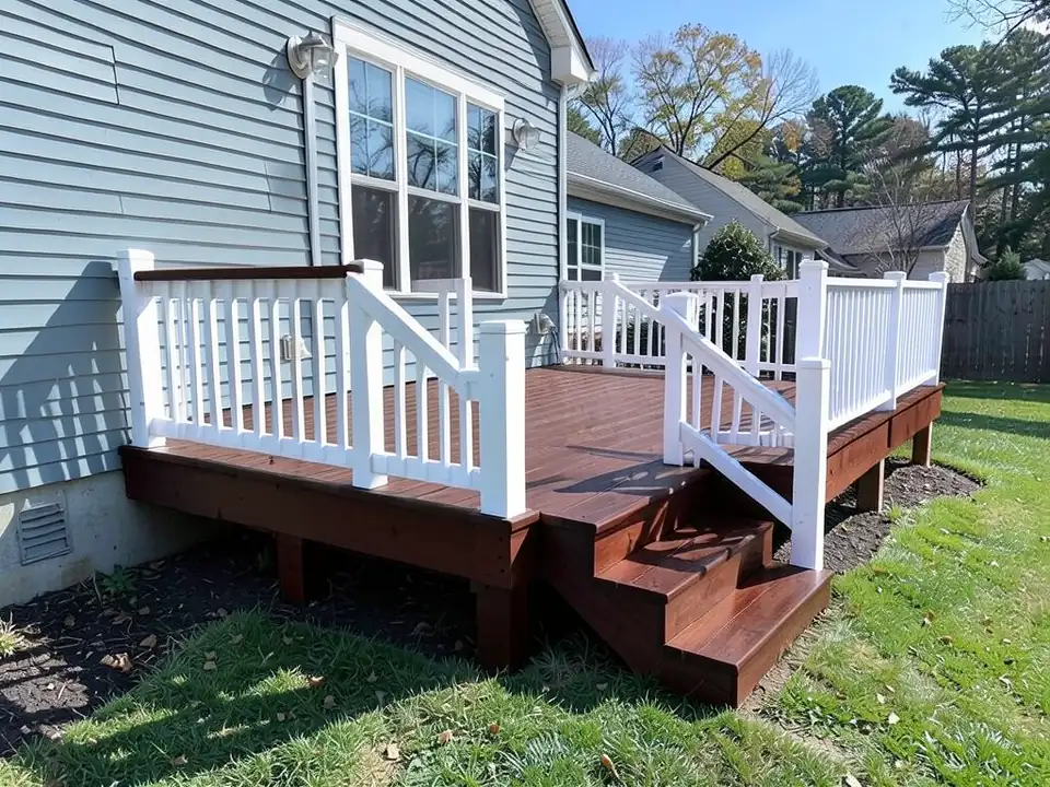 The same deck as a two-tone: dark reddish-brown floor boards and stairs with white railings and balusters and a dark top rail on the left section