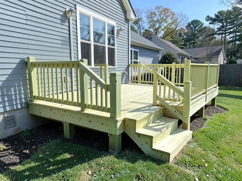 New raised deck of pale green-tinted pressure-treated pine behind a blue-gray sided house, before