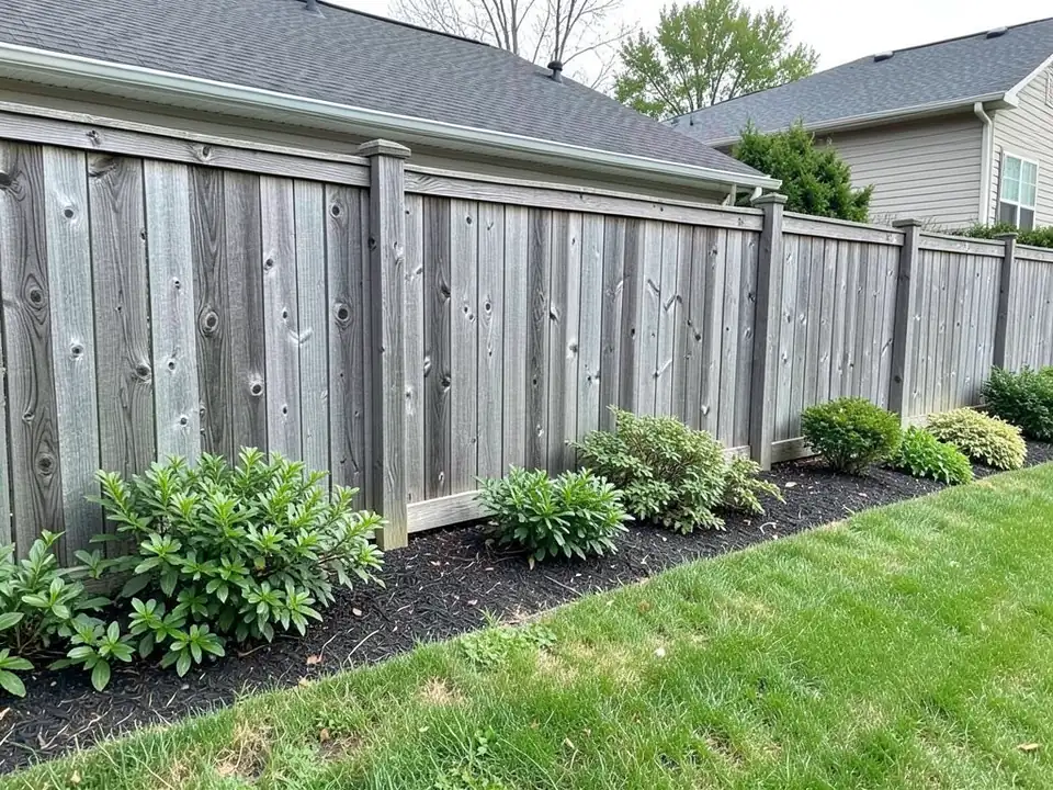 Weathered gray cedar privacy fence along a backyard planting bed with shrubs and lawn, before