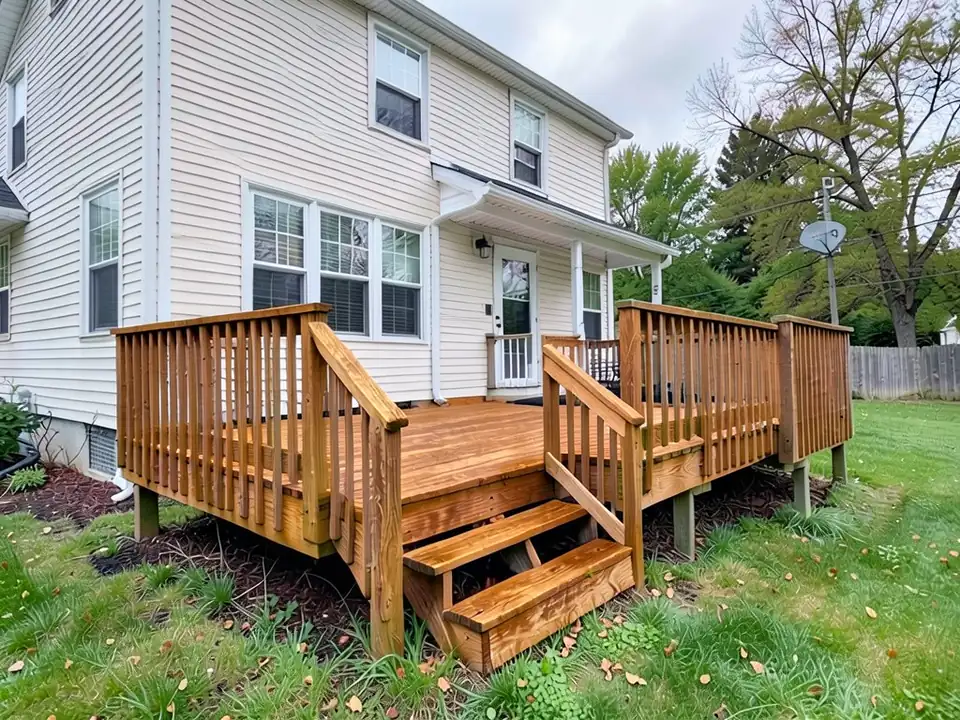 The same deck restained in a semi-transparent warm cedar brown, white house siding, lawn and trees unchanged