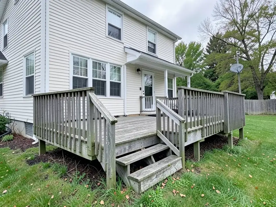 Old weathered silver-gray wooden deck with railings and steps behind a white two-story house, before