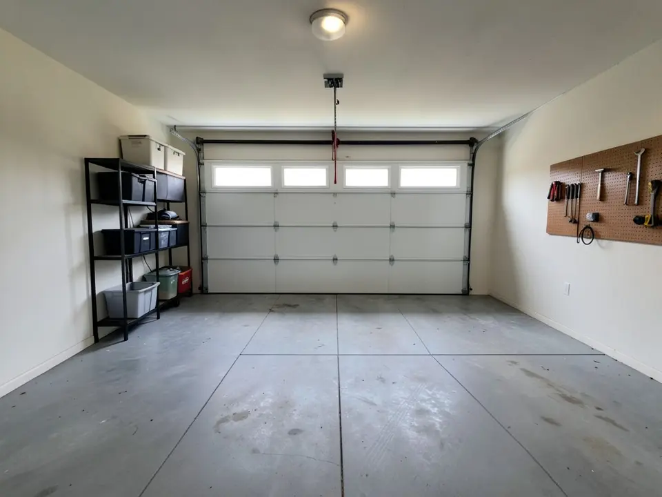AI-generated example: empty two-car garage with a bare gray concrete floor, saw-cut joints and light stains, a white garage door, metal shelving on the left and a pegboard on the right