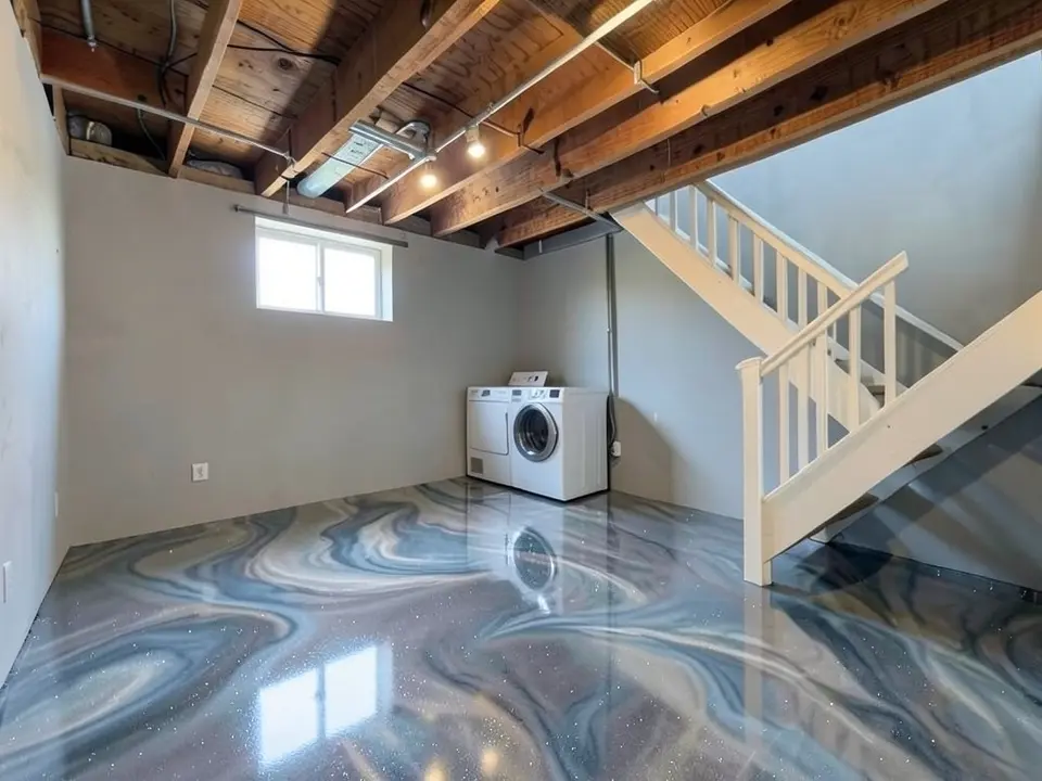 AI-generated edit of the same basement: the slab is now a high-gloss metallic epoxy with blue-gray and silver marble-like swirls; staircase, laundry machines and joists unchanged