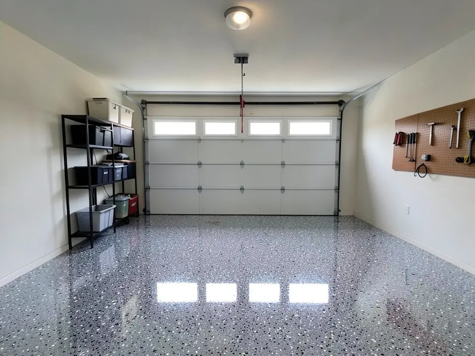 AI-generated edit of the same garage: the floor is now a glossy full-flake epoxy in a gray, black and white blend reflecting the garage door windows; door, shelving and pegboard unchanged