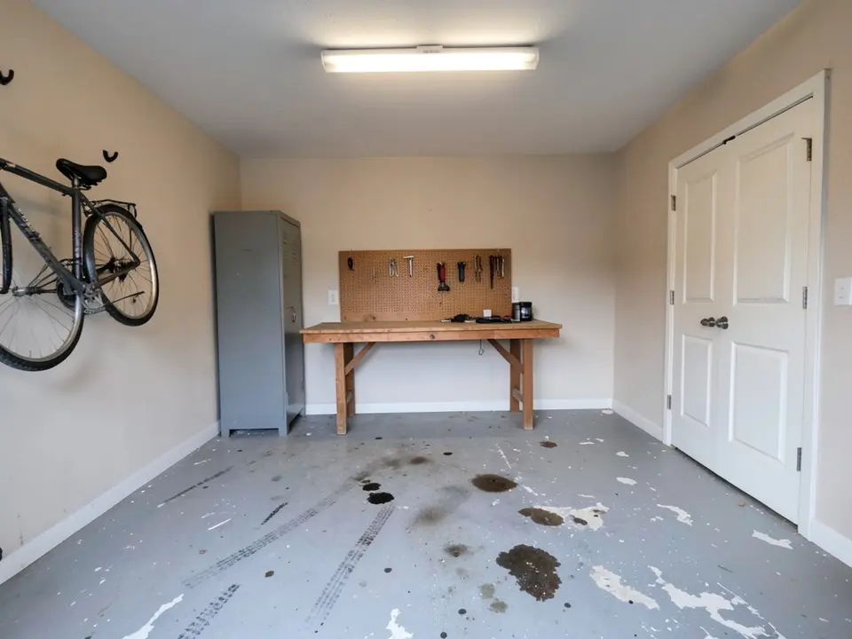 AI-generated example: worn garage floor with oil spots, tire marks and peeling old gray floor paint, a bicycle on the wall, a metal cabinet, a workbench and white double doors