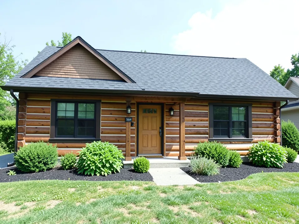 AI-generated example: one-story log home with medium brown logs and light chinking lines, black window frames, a wooden front door, two brown porch posts, brown shingle siding in the gable, a dark gray shingle roof, shrubs in black mulch beds and a lawn