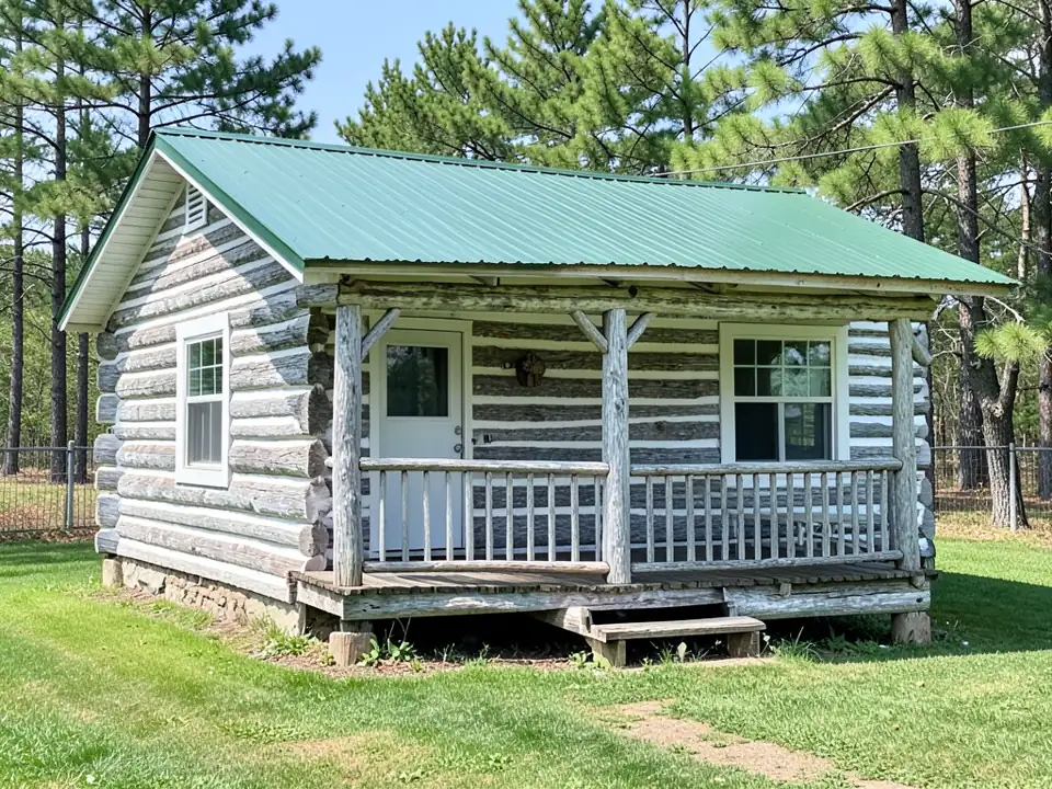 AI-generated example: small log cabin with sun-bleached silvery gray round logs, bright white chinking, a green metal roof, white gable trim, a covered front porch with gray log posts and railing, a white door, white-framed windows, a lawn, a wire fence and pine trees