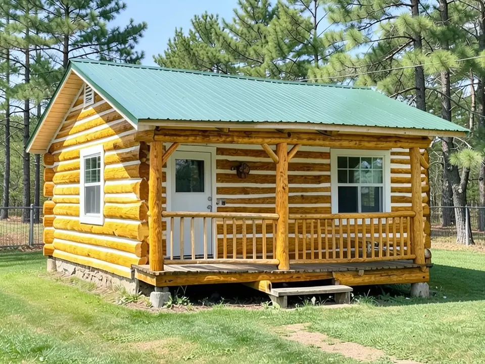 AI-generated edit of the same cabin: the logs, log ends, porch posts, beams and railing are now a bright golden honey color with the white chinking kept; the wall behind the porch is a darker orange-brown, the white gable trim and eave boards turned wood-colored and the green roof is slightly lighter; the door, windows, porch floor, step, lawn, fence and trees are kept