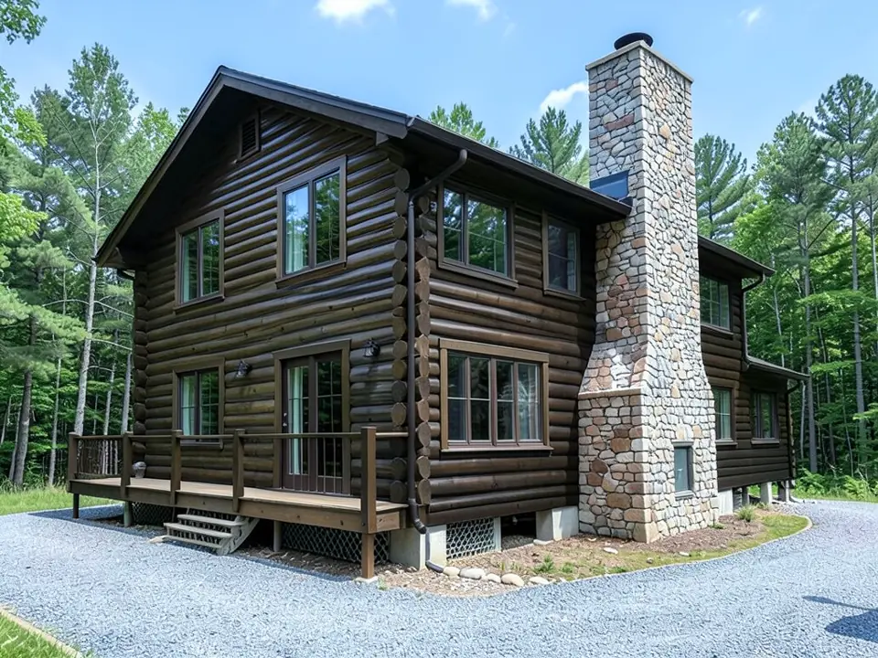 AI-generated edit of the same log home: the logs are now a very dark chocolate brown, the deck railing is dark brown too and the deck boards turned a grayer brown, and the gable trim and fascia turned dark; the windows, frames, fieldstone chimney, gravel driveway and forest are kept, with the chimney stones a little lighter