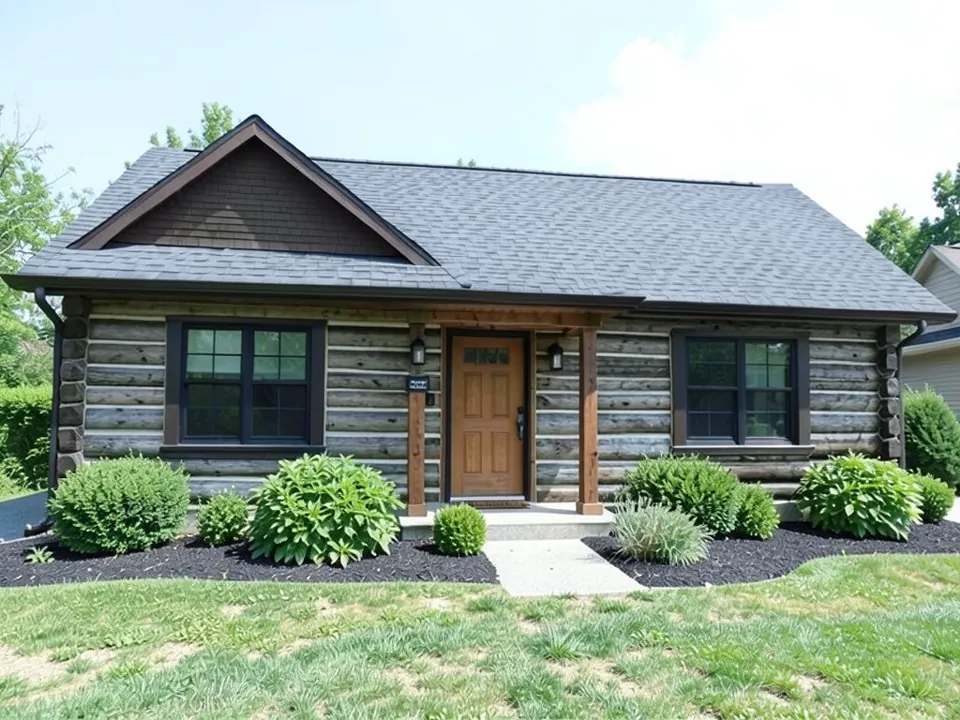 AI-generated edit of the same log home: the logs are now a gray-brown weathered tone with a rougher, more cracked wood texture, the log corners are darker, and the gable siding turned a darker brown; the black windows, wooden door, brown porch posts, roof, lights, shrubs, mulch, lawn and walkway are kept