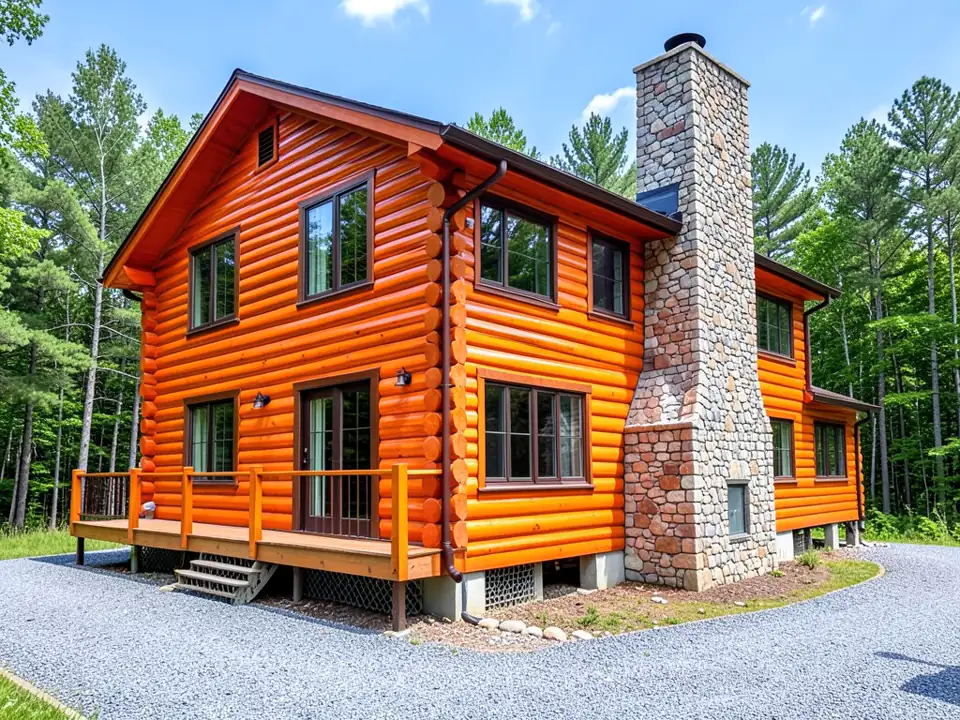 AI-generated example: two-story log home with bright orange glossy pine logs, orange gable trim, windows with dark bronze frames, a tall fieldstone chimney, a front deck with orange posts and railing, a gravel driveway and a forest behind