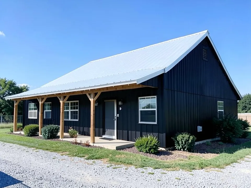 AI-generated edit of the same barndominium: black ribbed wall panels and a pale silver roof, with the wood porch posts, white window frames, porch, shrubs and lawn kept; the front door is now slate gray, the dark gray trim along the roof edges turned silver-white with the roof, the two stacked white gable vents became one black vent, the picture zoomed in and shifted slightly, the wall lights are hard to see, a small wall plate was redrawn and a second one added beside the door, and the gravel texture is redrawn