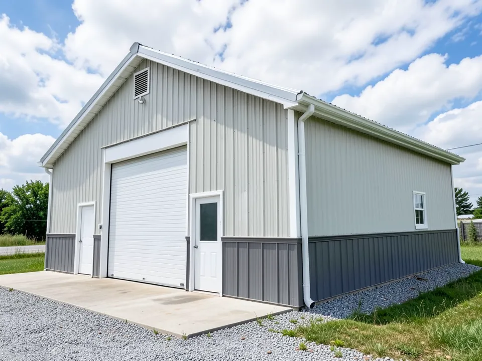 AI-generated example: light gray steel workshop with a slate gray wainscot band along the bottom of the walls, white corner and eave trim, a silver metal roof, a white roll-up door with a white frame, two white walk-in doors, a gable vent, a white downspout, a concrete apron, gravel and grass under a cloudy sky
