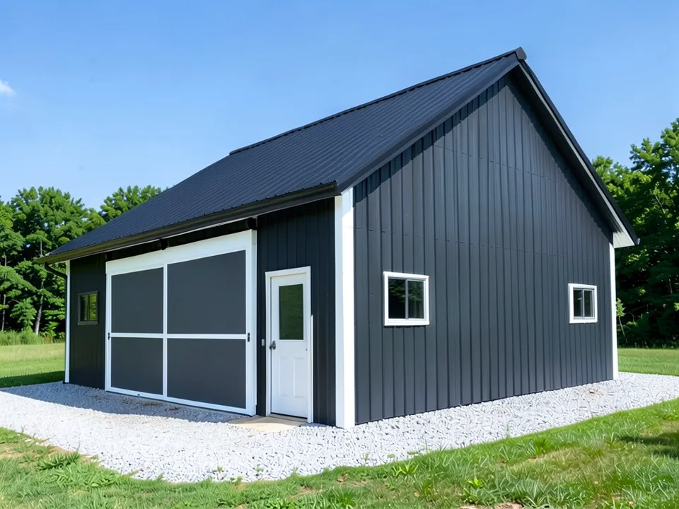 AI-generated edit of the same pole barn: charcoal gray ribbed wall panels, a black roof, white corner trim and white trim around the two right-hand windows and the walk-in door; the sliding door is redrawn: its brown rail and centre stile turned white, a taller white frame makes it look bigger, and its panels are dark gray; the eave and gable edge trim stayed dark, and the gravel texture is redrawn