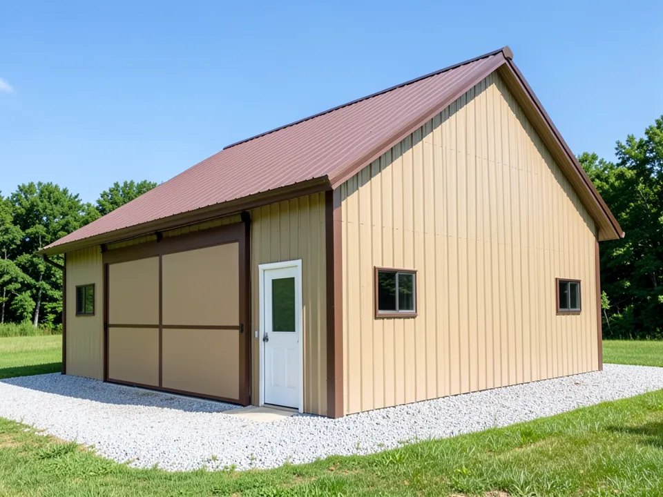 AI-generated example: tan ribbed steel pole barn with brown corner, eave and window trim, a reddish-brown metal roof, a large tan sliding door with brown trim and a track above it, a white walk-in door, small windows, a white gravel apron, a lawn and trees under a blue sky