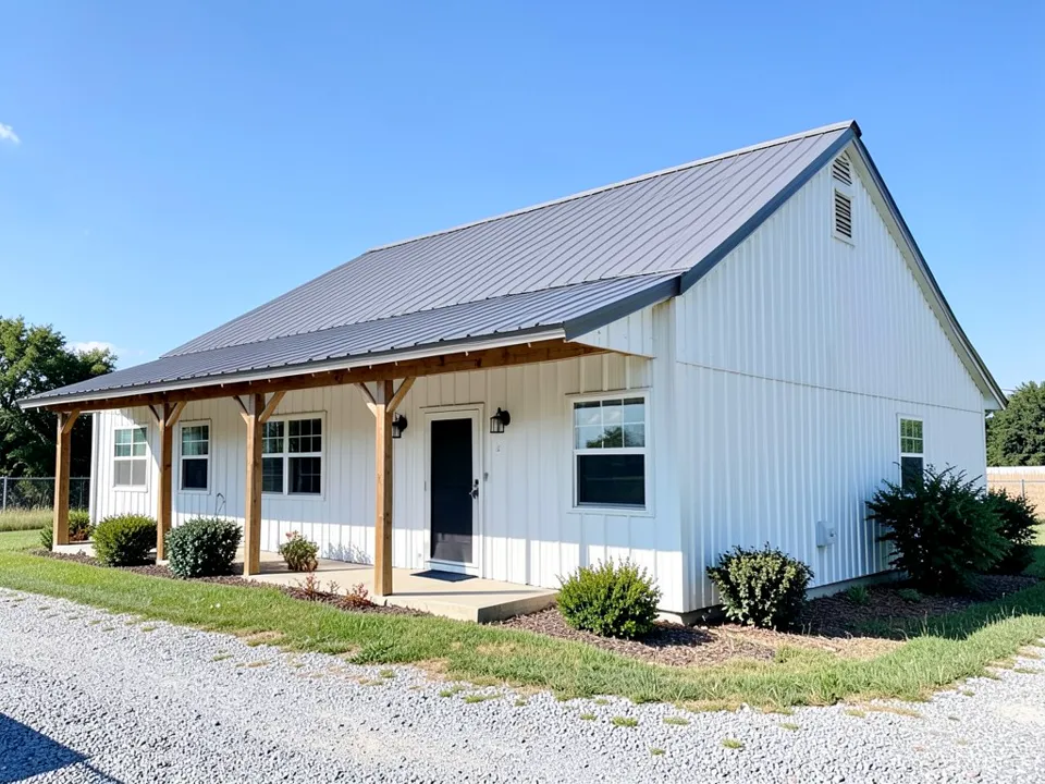 AI-generated example: single-story barndominium home with white ribbed steel walls, a medium gray metal roof, a covered front porch on natural wood posts, white-framed windows, a near-black front door with two black wall lights, two stacked white gable vents, shrubs, mulch, a lawn and a gravel driveway