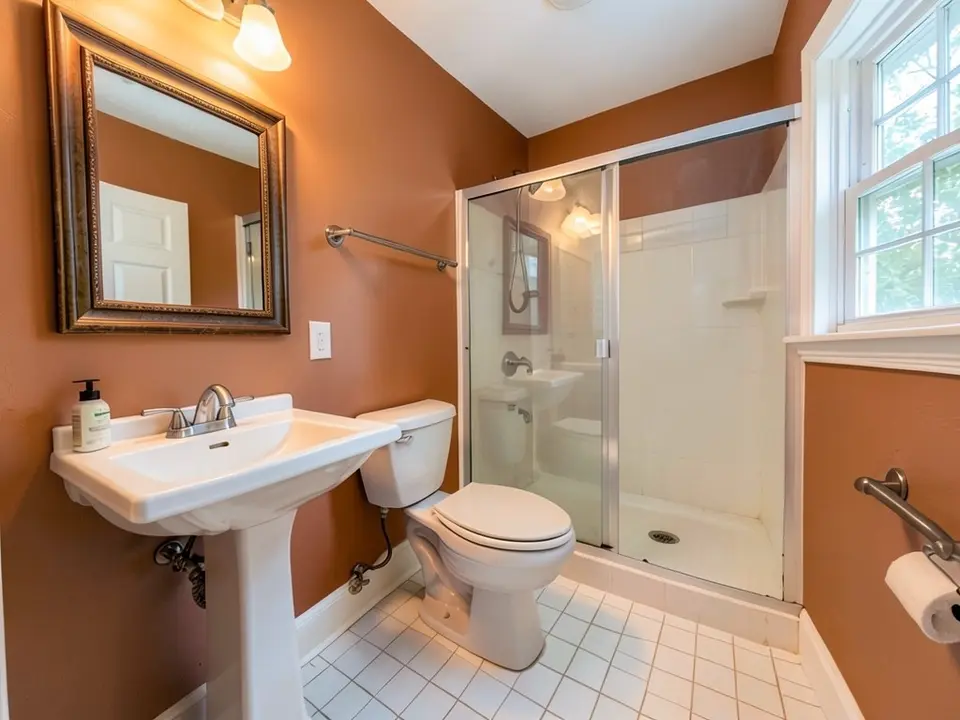 The same bathroom with the painted walls changed to terracotta orange-brown