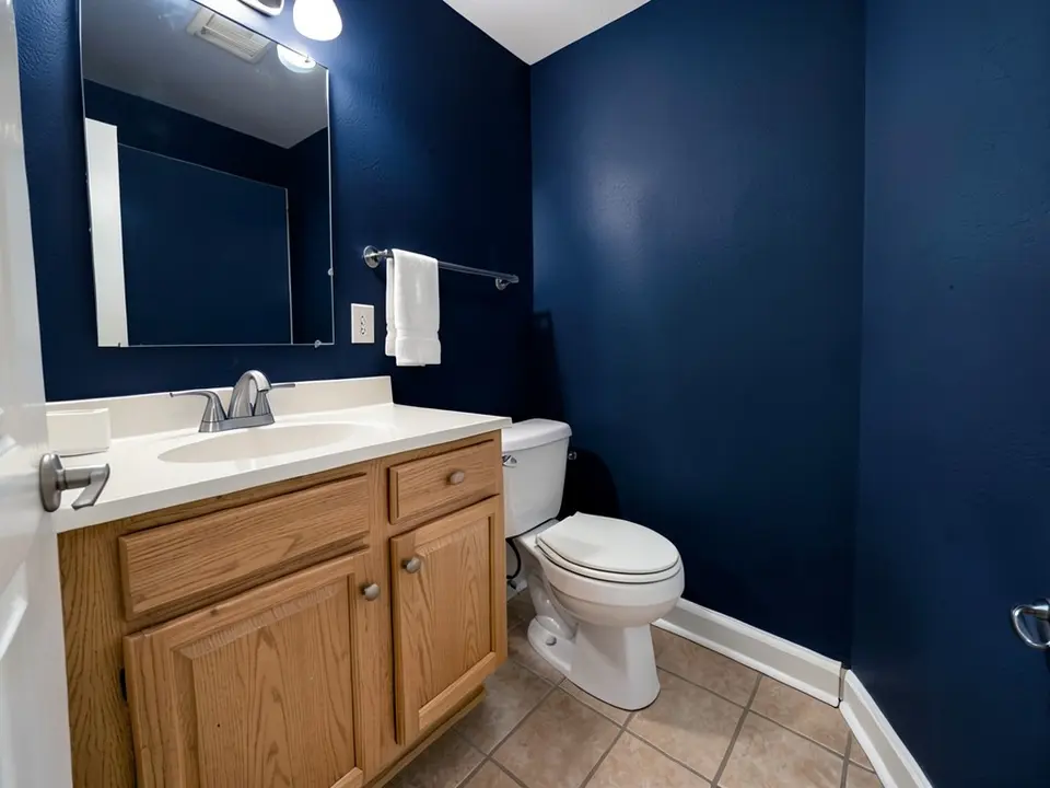 The same bathroom with the painted walls changed to deep navy blue