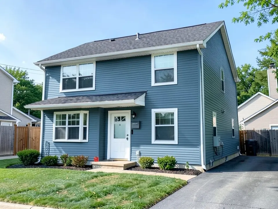 The same house with the siding painted a muted slate blue