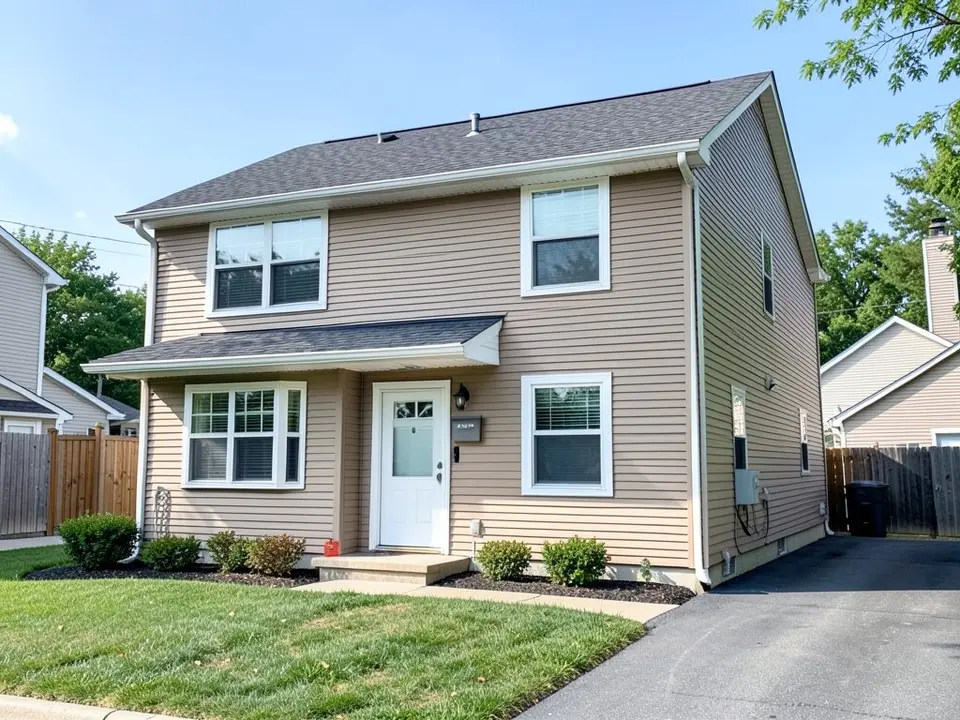 Two-story house with tan vinyl siding, white trim and a white front door, a dark gray roof and a small lawn, before