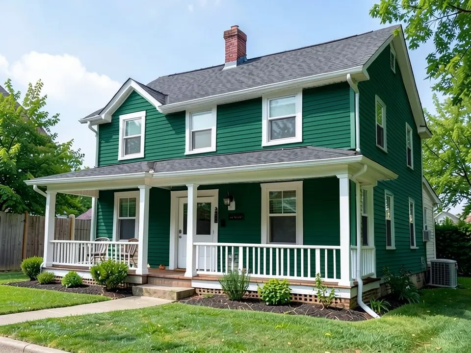 The same house with the siding painted deep forest green and the trim, porch columns and railing left white