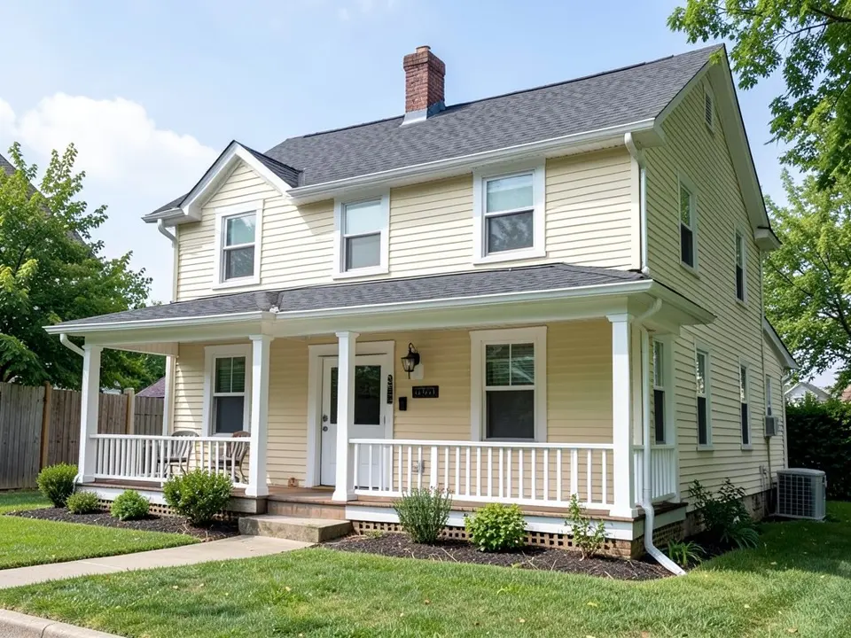 Craftsman style house with cream siding, white trim, a covered porch with square columns, a gray roof and a lawn, before