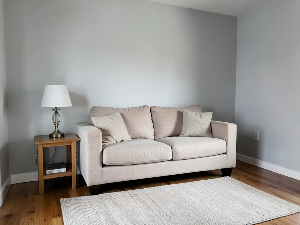 Living room with light gray walls, a beige sofa with two cushions, a wooden side table with a lamp and a rug, before