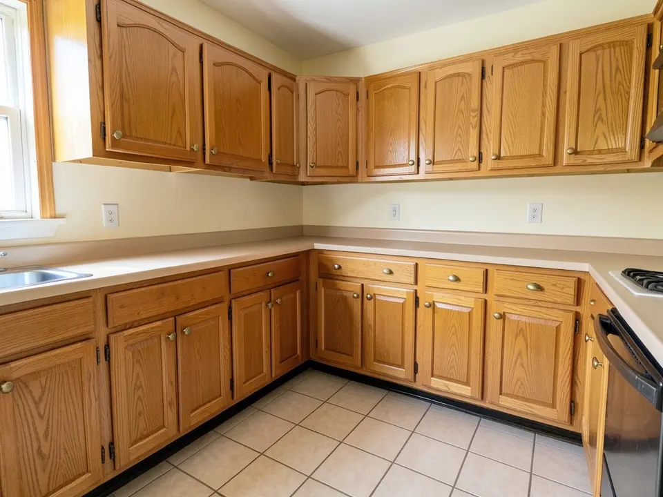 Older kitchen with honey oak raised panel cabinets, beige laminate countertops, cream walls and a tile floor, before