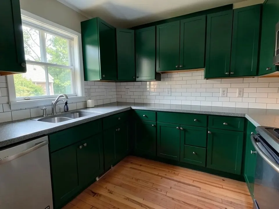 The same kitchen with the upper and lower cabinets painted deep forest green
