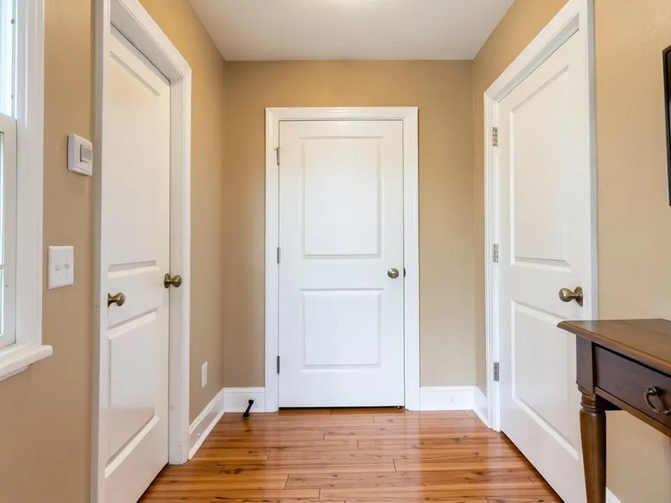 Hallway with warm beige walls, white baseboards and casings, three closed white paneled doors with brass knobs, a wood floor and a dark wood console table, before