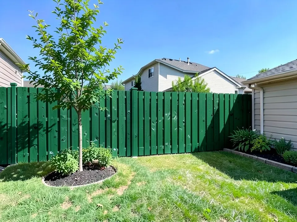 The same privacy fence painted deep forest green, with the tree, mulch ring, lawn and house kept