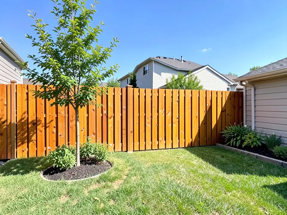 Orange-brown stained wood privacy fence in a backyard with a young tree in a mulch ring, a lawn, shrubs and the corner of a tan-sided house, before