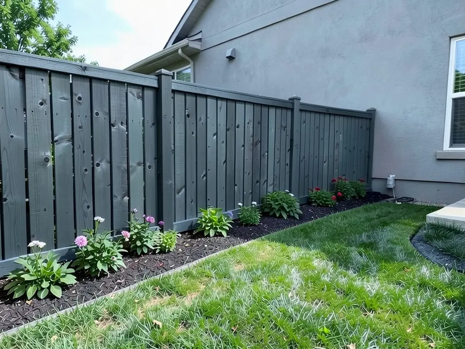 The same privacy fence painted deep charcoal gray, with the flower bed, lawn and house wall kept