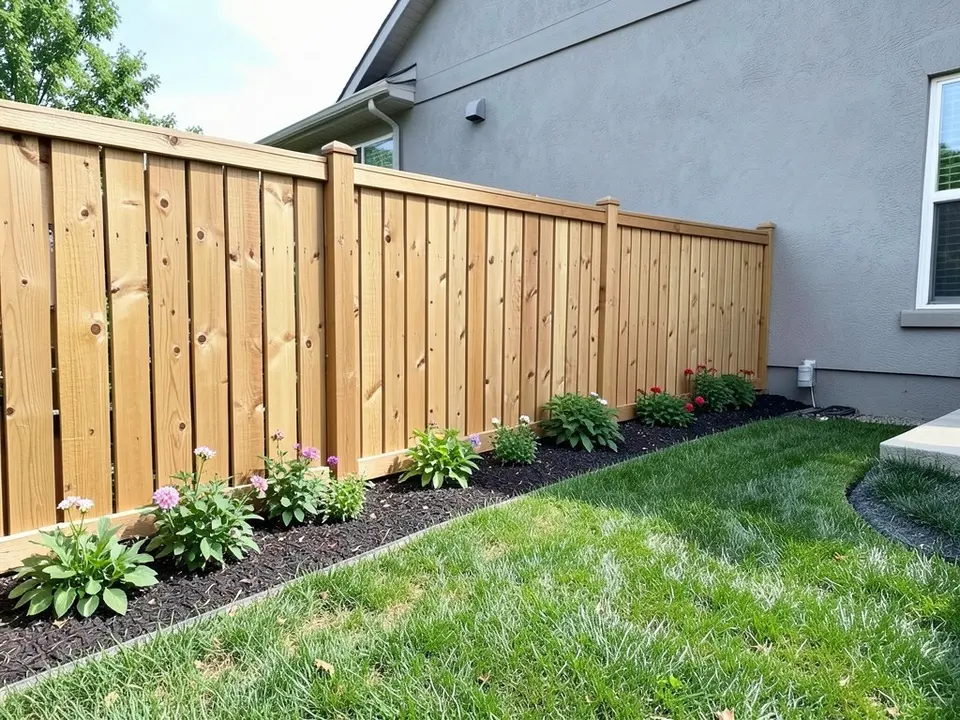 Tan natural wood privacy fence with a post cap, beside a flower bed with mulch, a lawn and a gray stucco-style house wall with a window, before
